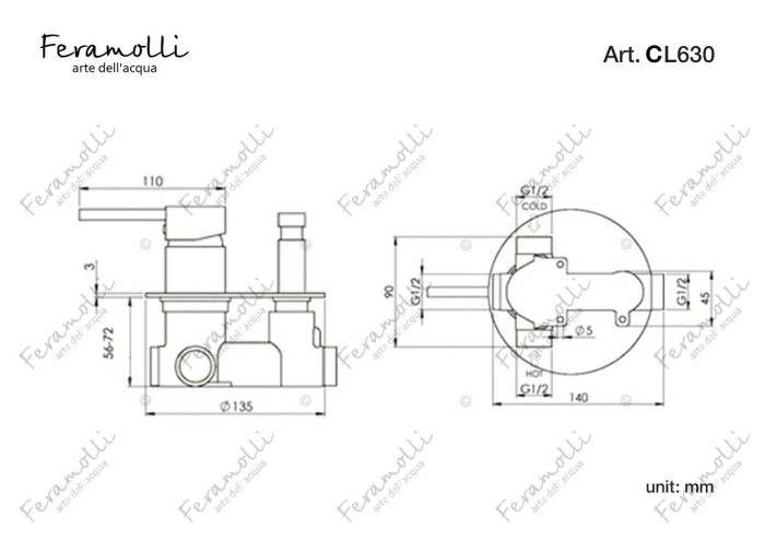 Смеситель однорычажный скрытого монтажа ванна/душ, хром, Ele Feramolli - CL630