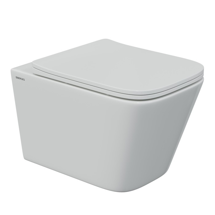 Комплект инсталляции -  кнопка глянцевый хром, унитаз FLOE S Rimless 51 см, сидение дюропласт Floe S Slim SO, микролифт, быстросъём, Berges ATOM Line арт. 043348