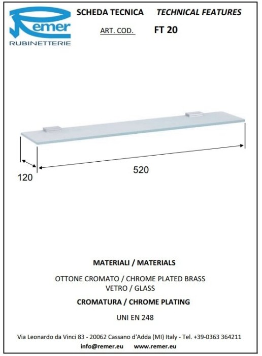 Полка 52 см хром глянцевый, Remer Flat, FT20CR