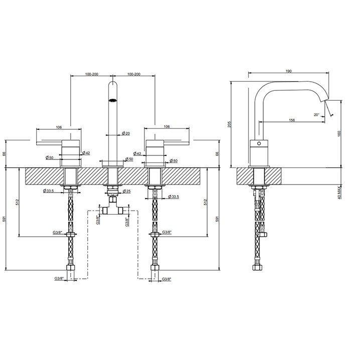 Смеситель для раковины, на 3 отв., излив: 15.6см, h: 20.1см, Gessi 316, brushed copper pvd арт. 54012#708
