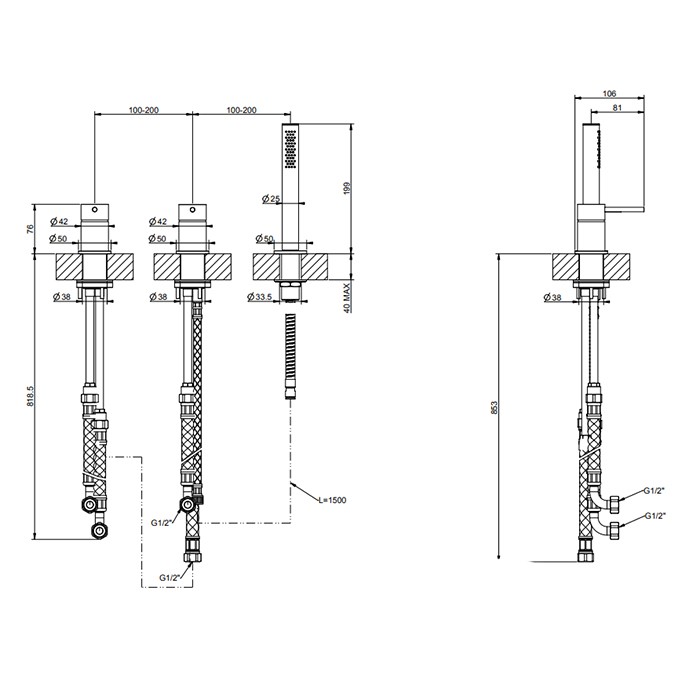 Смеситель для ванны на 3 отв., с душевой лейкой, Gessi 316, brushed black metal pvd арт. 54043#707