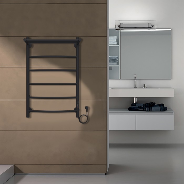 Полотенцесушитель электрический 500/800 5 секций, с полкой, диммер справа, черный, Verona Azario - AZ04858PB