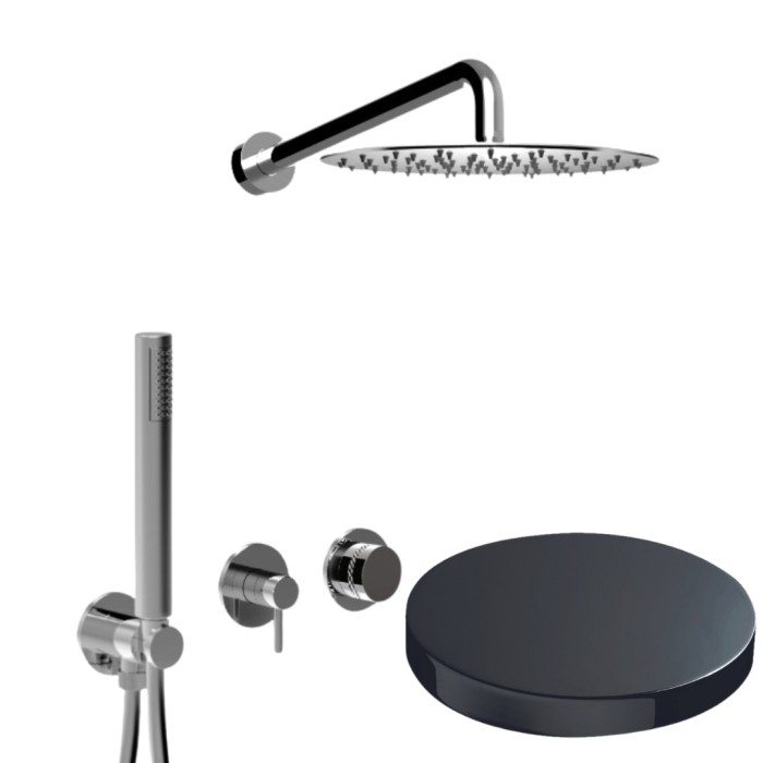 Встраиваемый душевой комплект на 2 режима, однорычажный, с поворотным переключателем, ручной душ, кронштейн, верхний душ d25 см, Giulini My ring deluxe, хром черный глянц арт. MR0086DLEPCRN