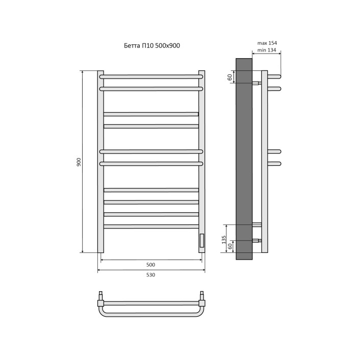 Полотенцесушитель водяной 500х900 Aquatek Бетта, черный муар арт. AQ EL KRC1090BL