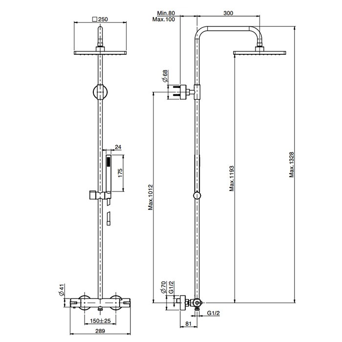 Fima Carlo Frattini Душевая стойка, верхний душ 25х25см., с термостатическим смесителем, держателем и ручным душем, Colonne doccia, F4905/QP255CR цвет: хром