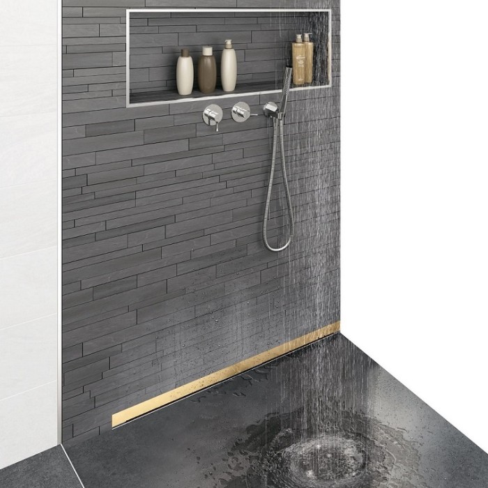 Душевой лоток BERGES WALL 600 пристенный, золото глянец, S-сифон D50/105 H50, арт.092056