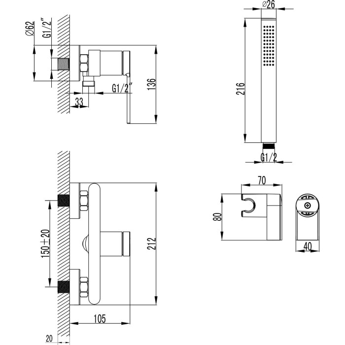 Смеситель для душа с ручным душем, керамический картридж, без излива, черный, Azario VINCENTE арт. AZ-VRZ338326PA