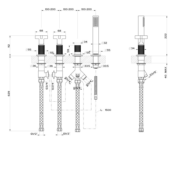 Смеситель для ванны на 4 отверстия для наполнения через слив-перелив, переключатель, с ручным душем, Gessi Inciso, finox арт. 58143#149