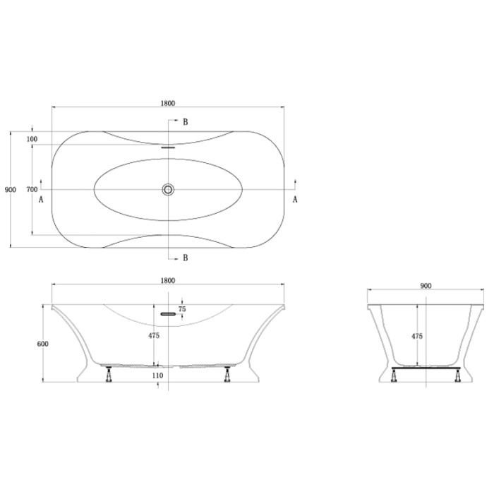 Акриловая ванна BORDEAUX 1800x900x600, свободностоящая, белая, Azario Easton арт. BOR18090