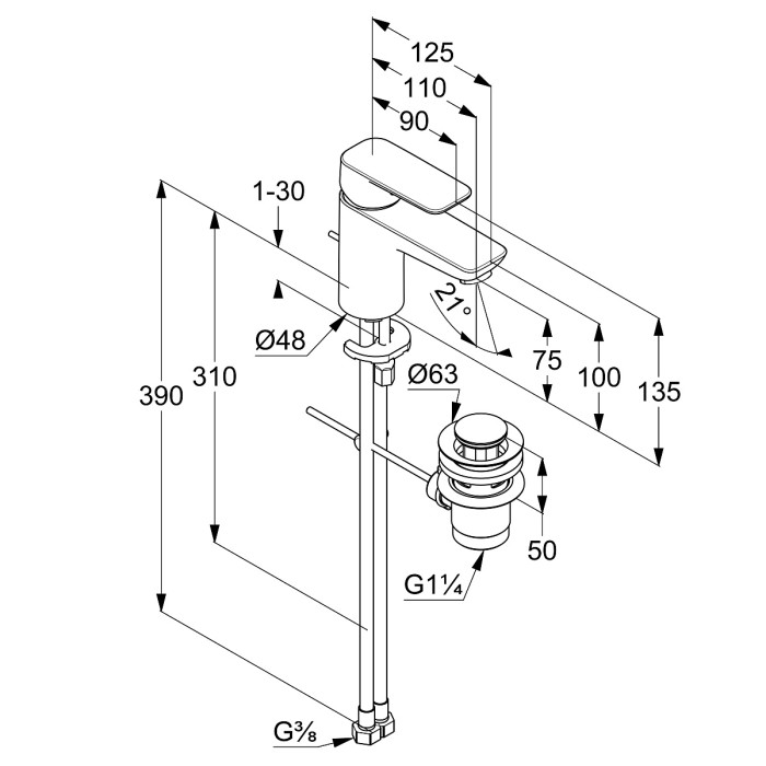 Однорычажный смеситель для раковины 75, холодная вода при центральном положении рычага, донный клапан g1 1, 4, матовый, pure and style Kludi, черный матовый - 403883975
