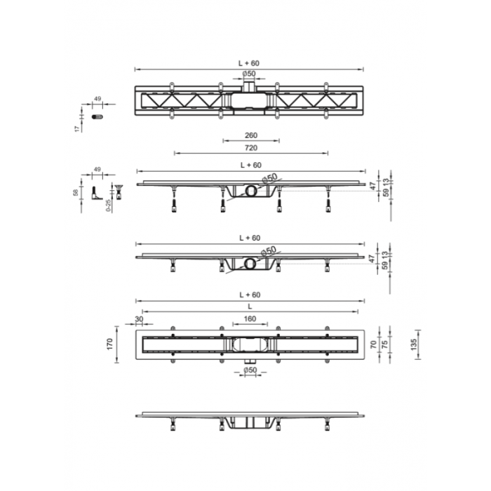 Душевой лоток Miano Klassik 700мм решетка глянец/решетка под плитку арт. MS-70K