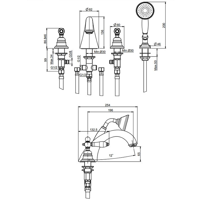 Fima Carlo Frattini Смеситель на борт ванны, на 4 отв., с ручным душем, Herend, F5414OR цвет: золото