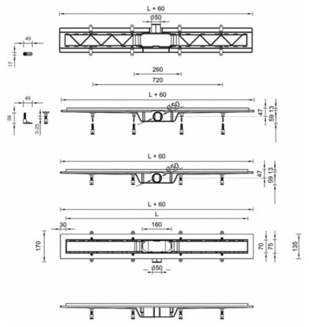 Душевой лоток 500мм Miano Medium MS-50M, MS-50M решетка хром глянец