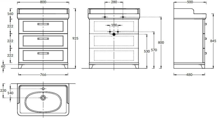 Тумба напольная с 3 ящиками 80см, Pompei Kerama Marazzi, белый - PO.N.80.3\WHT