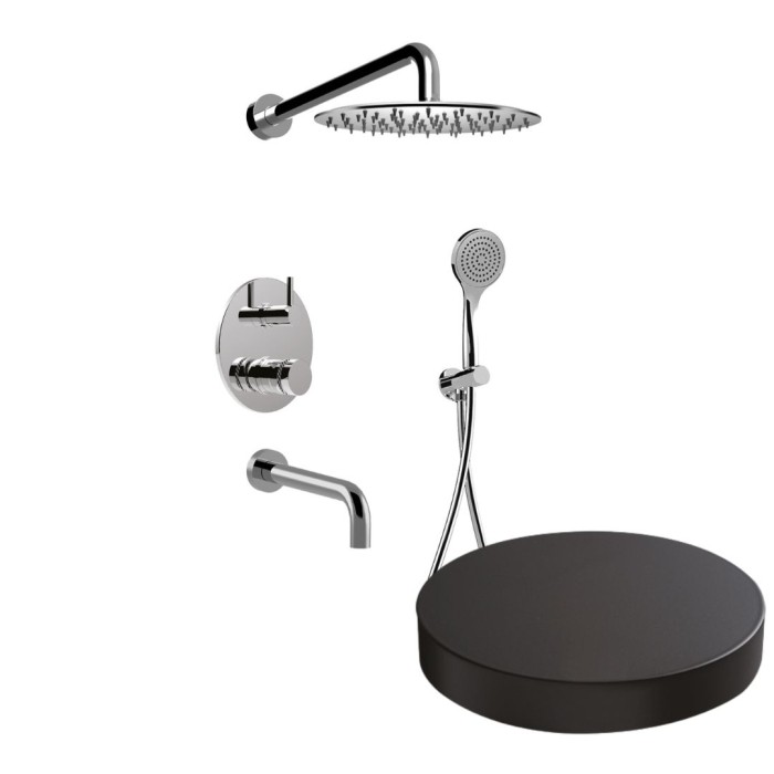 Встраиваемый душевой комплект на 3 режима, однорычажный, с поворотным переключателем, ручной душ, излив, кронштейн, верхний душ d25 см, Giulini My ring deluxe, черный матовый арт. MR0070DLNO