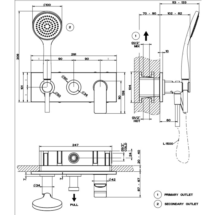 Встраиваемый смеситель для ванны на 2 источника, с душевой лейкой и переключателем, Gessi Rilievo, хром арт. 59141#031