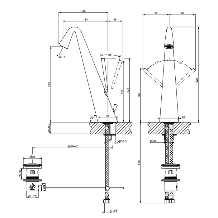 Смеситель для раковины высокий с донным клапаном на 1 1/4”, соединительные шланги на 3/8, Gessi Cono, хром арт. 45004#031