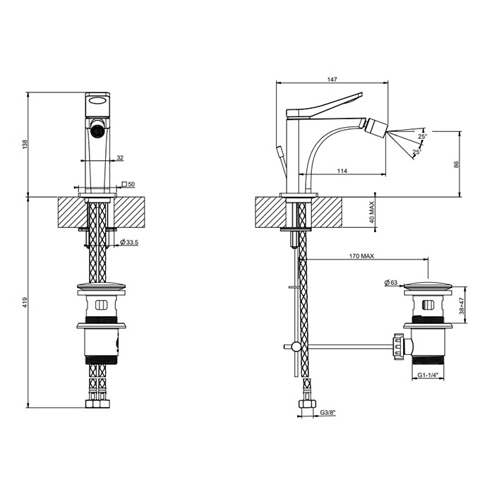 Смеситель для биде на 1 отв., с донным клапаном излив 114мм, Gessi Rilievo, gold brushed ccp арт. 59007#087