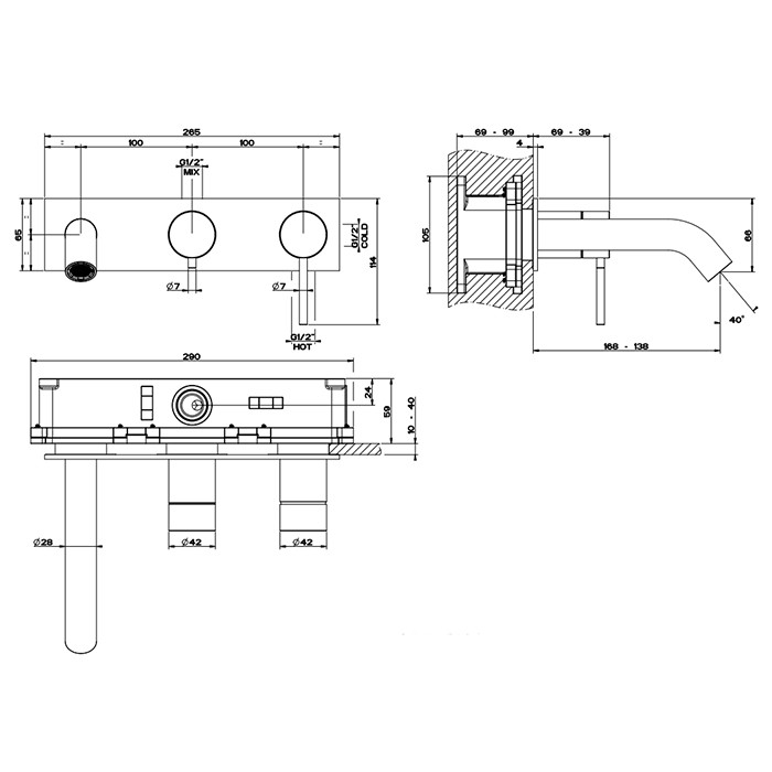 Встраиваемый смеситель на 2 источника, с изливом 168-138мм и переключателем, Gessi 316, brushed black metal pvd арт. 54136#707