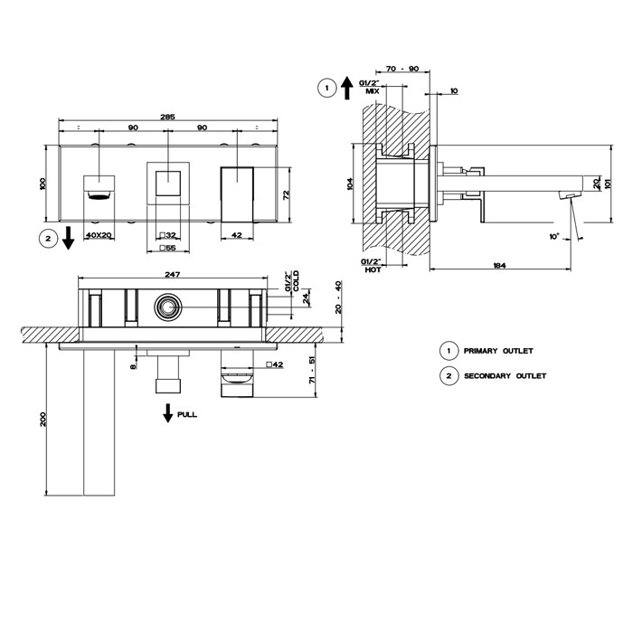 Смеситель для раковины, встраиваемый, однорычажный, с изливом и переключателем PULL, Gessi Rettangolo, black xl арт. 44907#299
