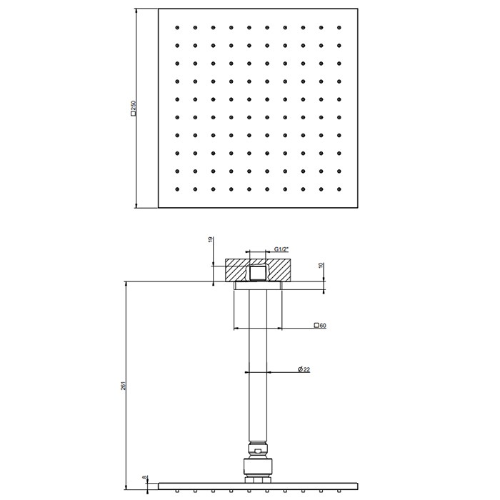 Потолочная душевая головка шарнирная 250x250 мм на 1/2", Gessi Rilievo, хром арт. 59155#031