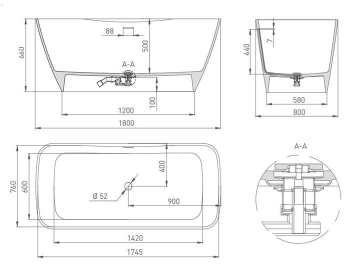 Ванна отдельностоящая 179x82, матовая, Salini AGATHA арт. 100221M