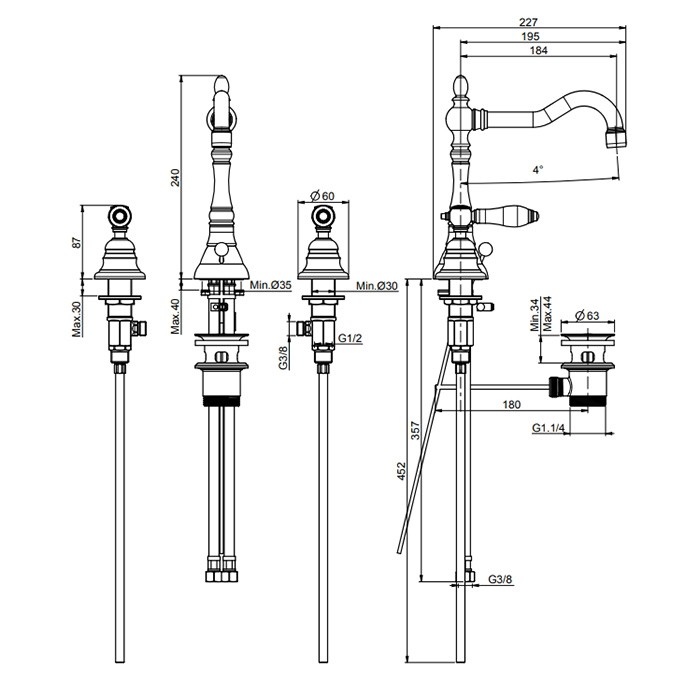 Fima Carlo Frattini Смеситель для раковины, на 3 отв., с донным клапаном, Herend, F5401CBCR цвет: хром