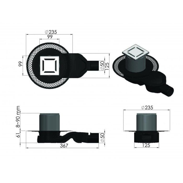 Душевой трап BERGES PLATZ Norma 100х100, матовый хром, S-сифон D50 H60, арт.090158