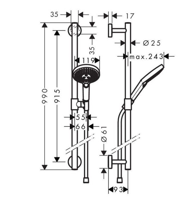 Душевой гарнитур со штангой 90см Raindance Select S Hansgrohe, хром арт. 26323000