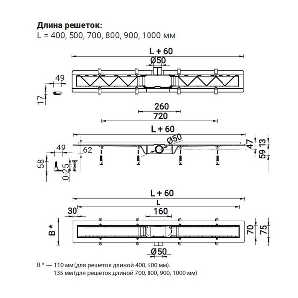 Душевой лоток 800мм Miano Medium MS-80M, MS-80M цвет: решетки хром