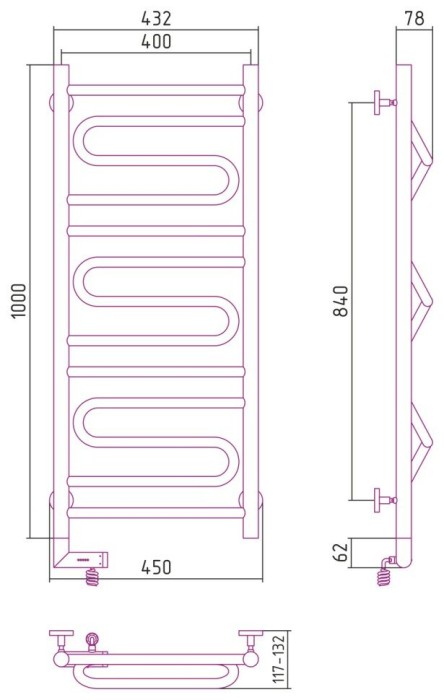 Сунержа Электрический полотенцесушитель 1000x300, Элегия 2.0, 00-5218-1040 цвет: без покрытия