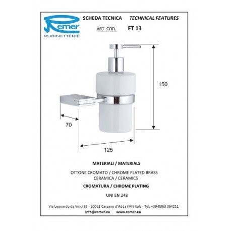Дозатор хром глянцевый, Remer Flat, FT13CR