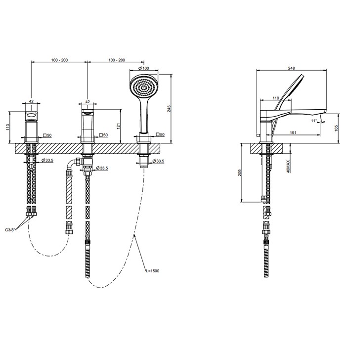 Смеситель на борт ванны на 3 отв, с убирающаяся душевой лейкой, Gessi Rilievo, nero xl арт. 59037#299