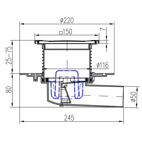 Душевой трап DN50/95 15х15см, пластик, боковой слив, решетка из нержавеющей стали, НЕПТУН Azario - AZ-326 X N