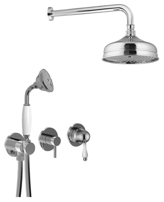 Внешняя часть однорычажного встраиваемого душевого набора поворотный переключатель, душевой набор, настенный кронштейн, верхний душ d200, ручка белая керамика, Giulini Pragamix, хром арт. 7586CEEP