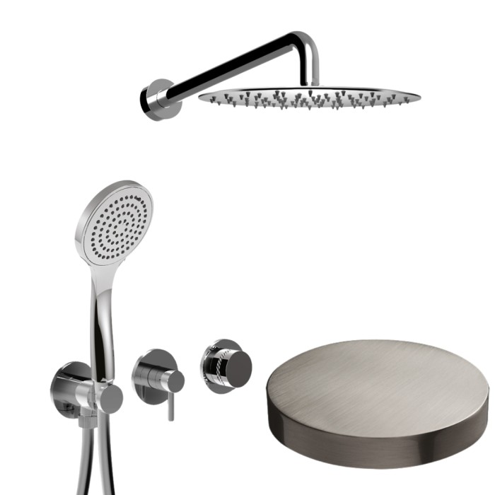 Встраиваемый душевой комплект на 2 режима, однорычажный, с поворотным переключателем, ручной душ, кронштейн, верхний душ d25 см, Giulini My ring deluxe, никель матовый арт. MR0086DLEPNKO