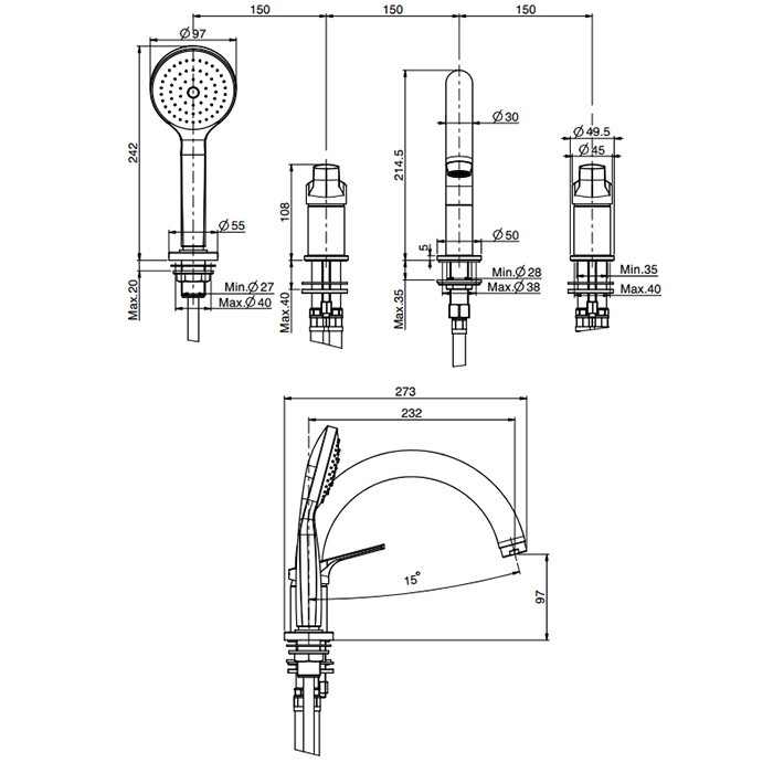 Fima Carlo Frattini Смеситель на борт ванны, на 4 отв., с ручным душем, Serie 4, F3784/4NCR цвет: хром
