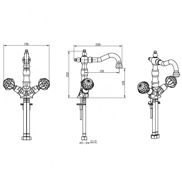 Смеситель для раковины, золото, Imperiale Boheme 332