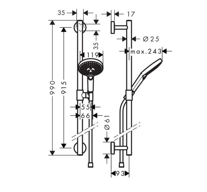 Душевой гарнитур со штангой 90см Raindance Select S Hansgrohe, хром арт. 26322000
