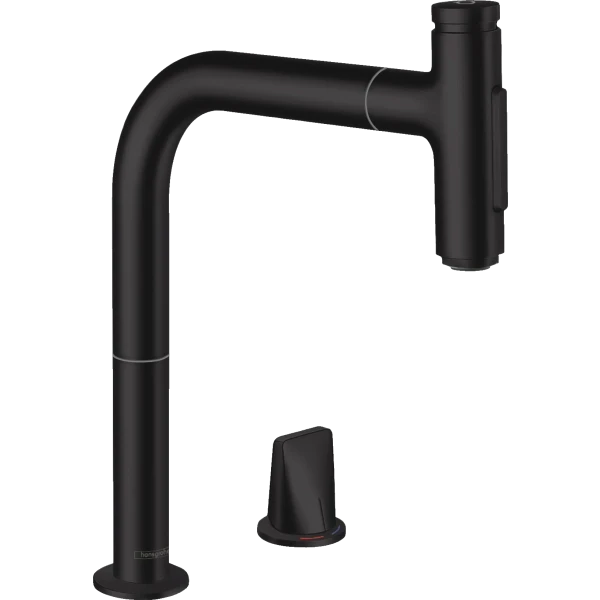 Смеситель для кухни, на 2 отверстия, с вытяжным душем, Hansgrohe Metris Select M71, черный арт. 73818670