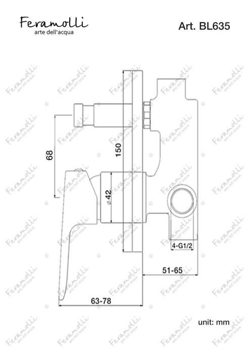 Смеситель однорычажный скрытого монтажа ванна/душ, хром, Pura Feramolli - CL635