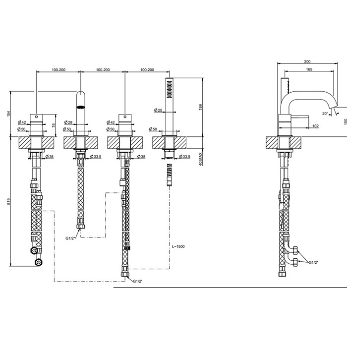 Смеситель для ванны на 4 отв., с переключателем, изливом и шлангом 1,50 м, Gessi 316, brushed black metal pvd арт. 54037#707