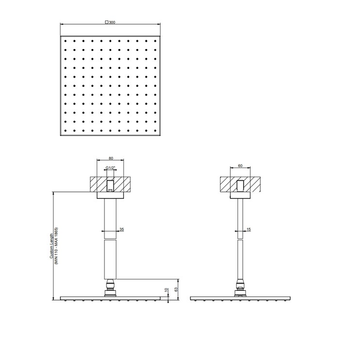 Верхний душ для потолочного крепления 300x300мм, высота от 115 до 1865мм, Gessi Rettangolo, black xl арт. 15199#299