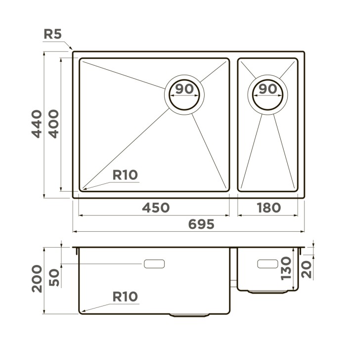 Кухонная мойка Omoikiri Taki 69-2-U, цвет IF-R Side-IN нерж. сталь, цвет нержавеющая сталь арт. 4993182