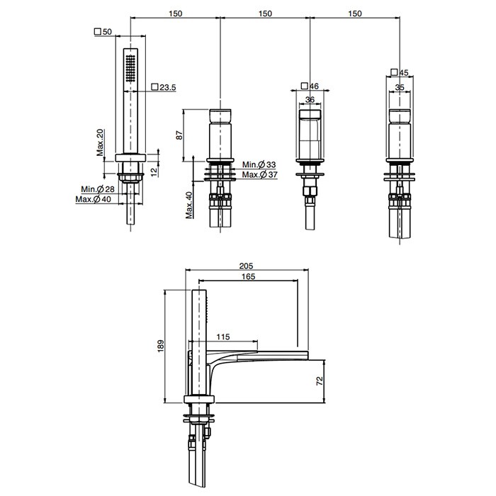 Fima Carlo Frattini Смеситель на борт ванны, на 4 отв., с ручным душем, Zeta, F3974NOR цвет: золото