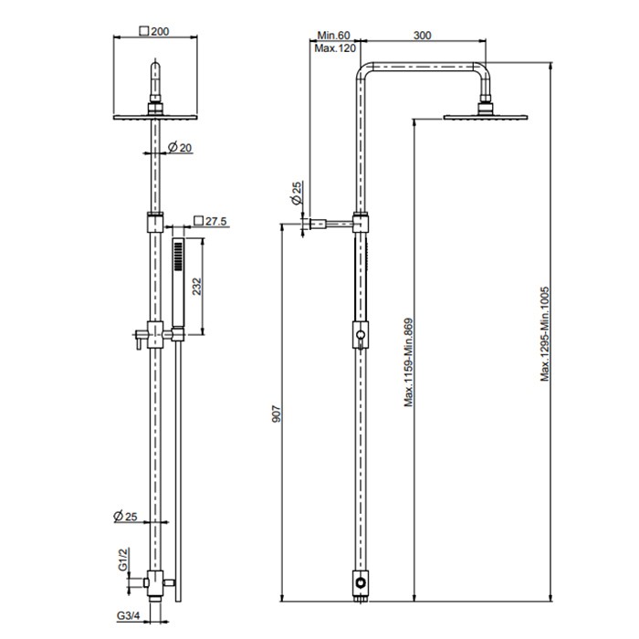 Fima Carlo Frattini Душевая стойка с переключателем, верхним душем 250х250 мм. из латуни, ручным душем и шлангом 1500 мм., Wellness, F2700CR цвет: хром