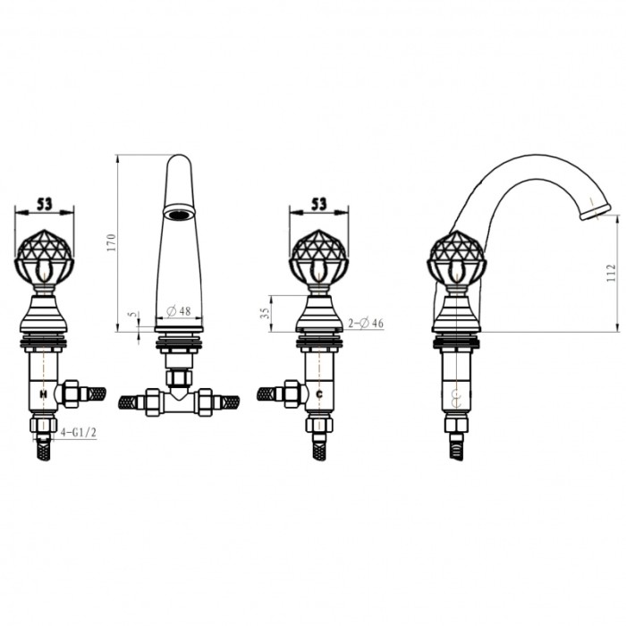 Смеситель для раковины, золото, Imperiale Boheme 337