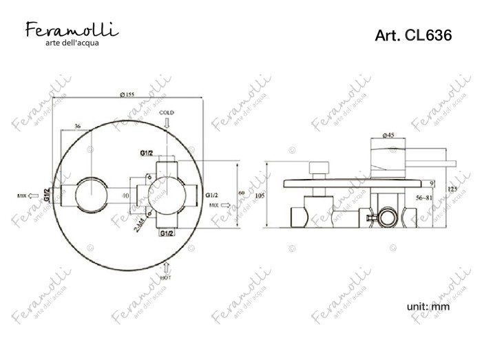 Смеситель однорычажный скрытого монтажа ванна/душ, хром, Ele Feramolli - CL636