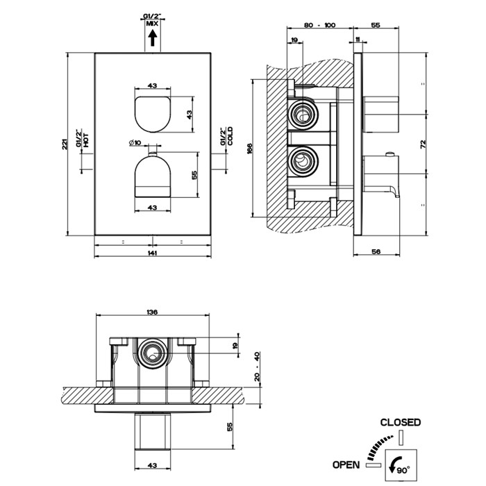 Встраиваемый смеситель для душа, термостатический, на 1 источник, Gessi Rilievo, хром арт. 59132#031