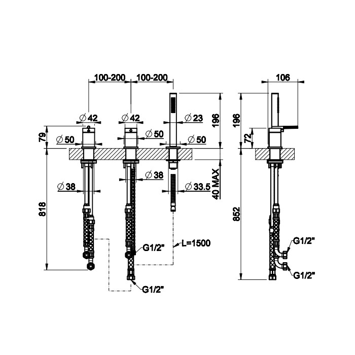 Смеситель для ванны на 3 отверстия наполнение через слив-перелив, лейка, Gessi Ingranaggio, хром арт. 63547#031